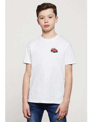 Qivi Kırmızı Araba Tosbağa Baskılı Unisex Çocuk Beyaz T-Shirt