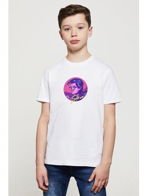 Qivi Stranger Things Steve Baskılı Unisex Çocuk Beyaz T-Shirt