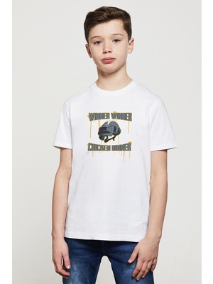 Qivi Pubg Winner 3 Lvl Kask Baskılı Unisex Çocuk Beyaz T-Shirt