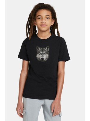 Qivi Wolf Kurt Baskılı Unisex Çocuk Siyah T-Shirt