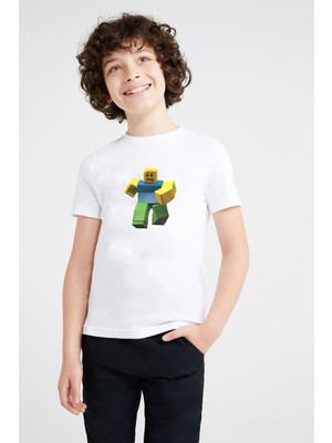 Qivi Roblox Minecraft Game Baskılı Unisex Çocuk Beyaz T-Shirt