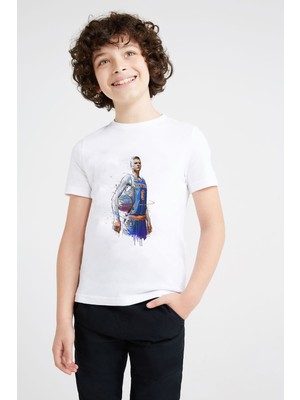 Qivi New Basketbol Sporcu Baskılı Unisex Çocuk Beyaz T-Shirt