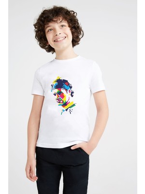 Qivi Roger Federer Colors Baskılı Unisex Çocuk Beyaz T-Shirt