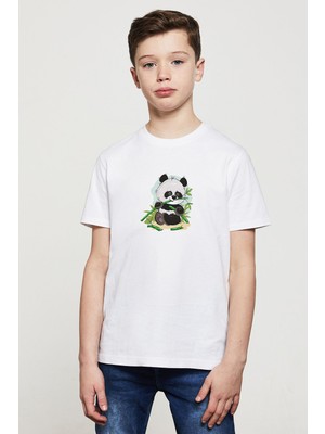 Qivi Panda Baskılı Unisex Çocuk Beyaz T-Shirt