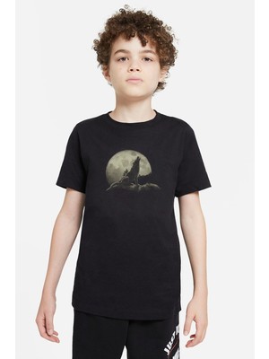 Qivi Howling Wolf Moondark Moon Dolunay Kurt Baskılı Unisex Çocuk Siyah T-Shirt