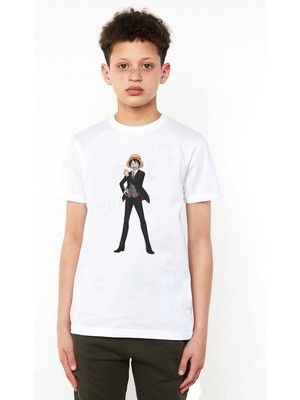 Qivi Anime One Piece Commander Baskılı Unisex Çocuk Beyaz T-Shirt