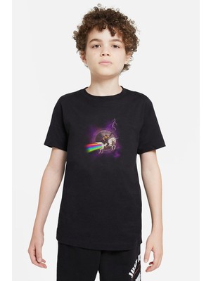 Qivi Space Unicorn Baskılı Unisex Çocuk Siyah T-Shirt