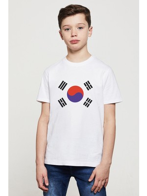 Qivi Güney Kore South Korea Baskılı Unisex Çocuk Beyaz T-Shirt