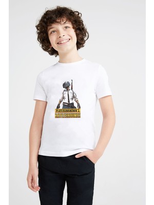 Qivi Pubg Baskılı Unisex Çocuk Beyaz T-Shirt