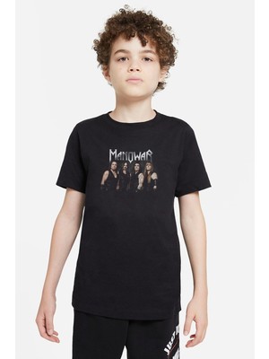 Qivi Manowar Metal Rock Müzik Music Baskılı Unisex Çocuk Siyah T-Shirt