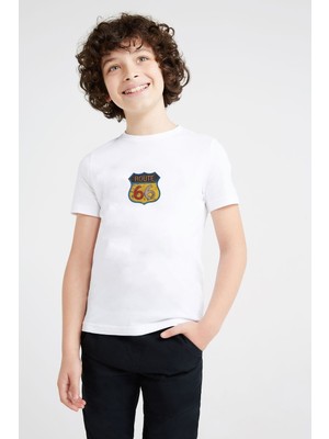 Qivi Route 66 Baskılı Unisex Çocuk Beyaz T-Shirt