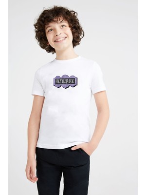 Qivi Beetlejuice Logo Baskılı Unisex Çocuk Beyaz Tshirt