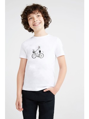 Qivi Drawn Bicycle French Bike Baskılı Unisex Çocuk Beyaz T-Shirt