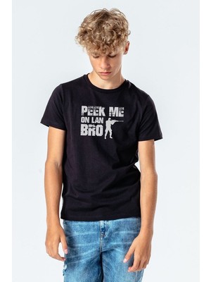 Qivi Pubg Peek Me On Lan Bro Baskılı Unisex Çocuk Siyah Tshirt