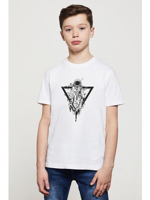 Qivi Uzay Astronot Baskılı Unisex Çocuk Beyaz T-Shirt