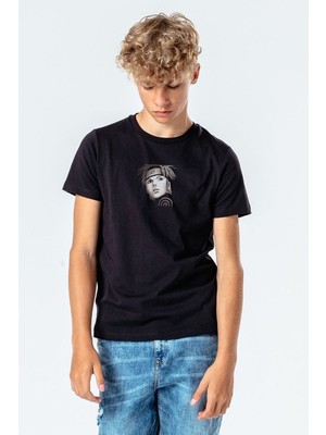 Qivi Naruto Anime Baskılı Unisex Çocuk Siyah T-Shirt