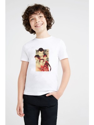 Qivi Stranger Things Eleven Dustin Demogorgon Baskılı Unisex Çocuk Beyaz T-Shirt
