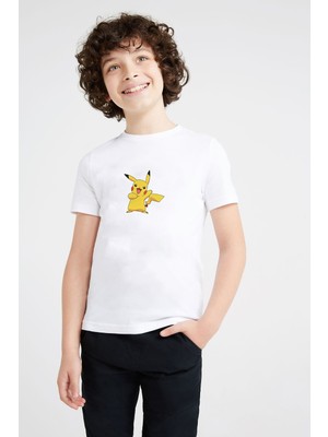 Qivi Pokemon Pikachu Baskılı Unisex Çocuk Beyaz T-Shirt