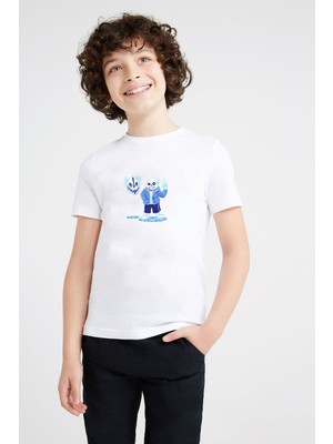 Qivi Undertale Sans Skull Baskılı Unisex Çocuk Beyaz T-Shirt