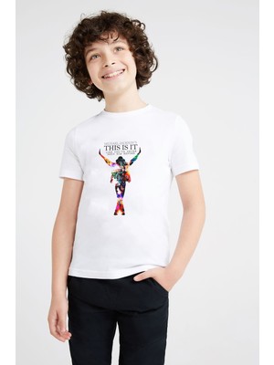 Qivi Michael Jackson Baskılı Unisex Çocuk Beyaz T-Shirt