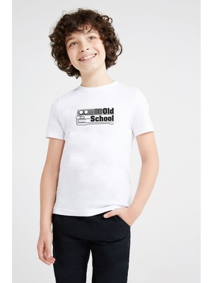 Qivi Araba Old School Baskılı Unisex Çocuk Beyaz Tshirt