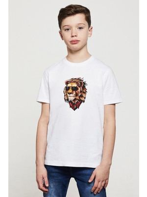 Qivi Old Skull Leon Aslan Baskılı Unisex Çocuk Beyaz T-Shirt