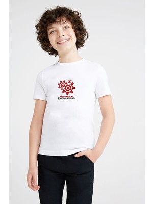 Qivi Mechanical Engineering Logo Baskılı Unisex Çocuk Beyaz T-Shirt