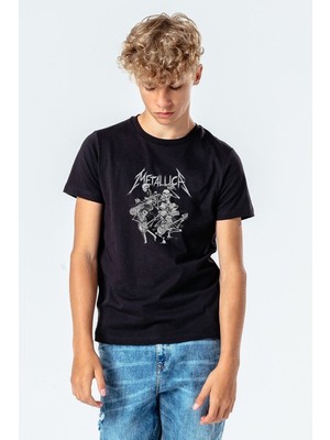 Qivi Metallica Kurukafa Scool Baskılı Unisex Çocuk Siyah T-Shirt