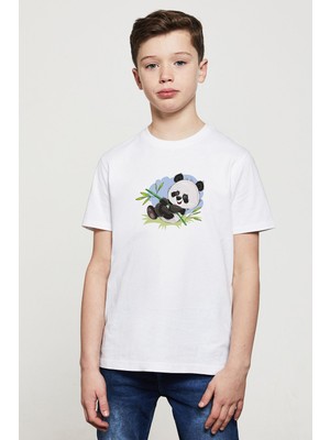 Qivi Panda Baskılı Unisex Çocuk Beyaz T-Shirt