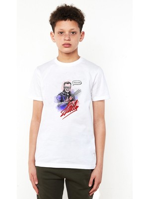 Qivi Stan Lee Marvel Kara Kalem Baskılı Unisex Çocuk Beyaz T-Shirt