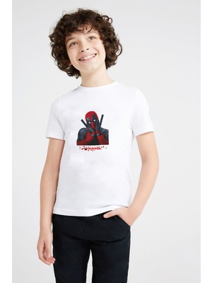 Qivi Deadpool Düşünceli Baskılı Unisex Çocuk Beyaz T-Shirt