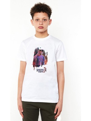 Qivi Stranger Things Dustin Wallpaper Baskılı Unisex Çocuk Beyaz T-Shirt