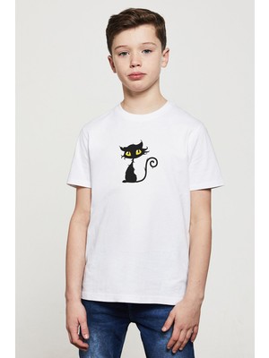 Qivi Kara Kedi Yavru Cadılar Bayramı Baskılı Unisex Çocuk Beyaz T-Shirt