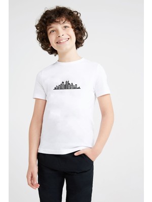 Qivi Silhouette New York City Baskılı Unisex Çocuk Beyaz T-Shirt