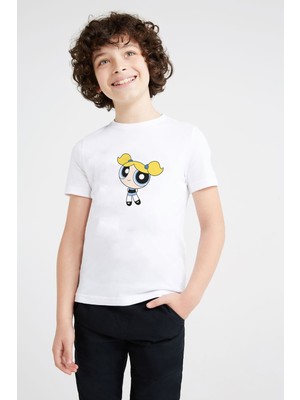 Qivi Powerpuff Girls Bubbles Baskılı Unisex Çocuk Beyaz T-Shirt