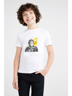 Qivi Formula F1 Ayrton Senna F1 Car Baskılı Unisex Çocuk Beyaz T-Shirt