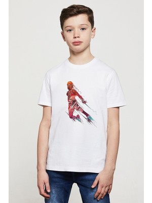 Qivi Basketbol Oyuncusu Baskılı Unisex Çocuk Beyaz T-Shirt