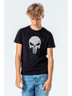 Qivi Punisher Baskılı Unisex Çocuk Siyah T-Shirt