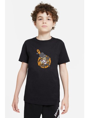 Qivi Pubg Karikatur Baskılı Unisex Çocuk Siyah T-Shirt