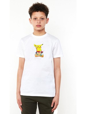 Qivi Pokemon 4K Baskılı Unisex Çocuk Beyaz T-Shirt