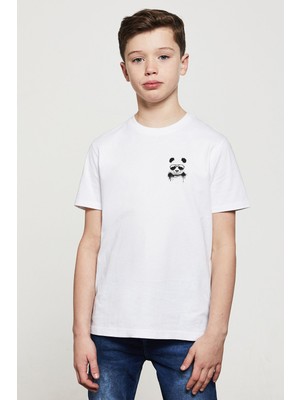 Qivi Panda Cool Baskılı Unisex Çocuk Beyaz T-Shirt
