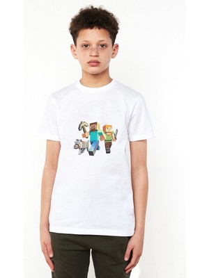 Qivi Minecraft Game Child Baskılı Unisex Çocuk Beyaz T-Shirt