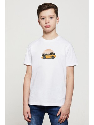 Qivi Araba Şehir Turu Baskılı Unisex Çocuk Beyaz T-Shirt