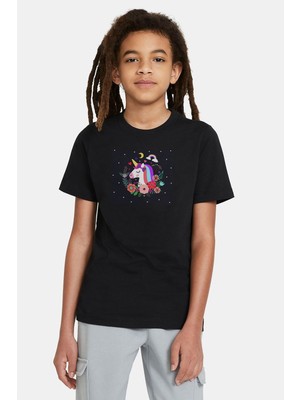 Qivi Space Unicorn 3 Baskılı Unisex Çocuk Siyah T-Shirt