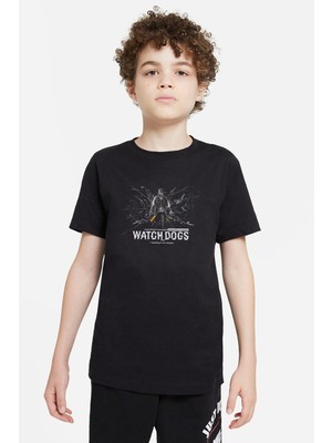 Qivi Watch Dogs Baskılı Unisex Çocuk Siyah T-Shirt
