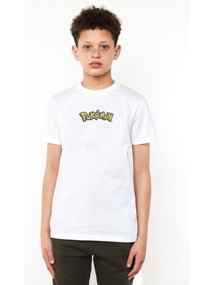 Qivi Pokemon Logosu Baskılı Unisex Çocuk Beyaz T-Shirt