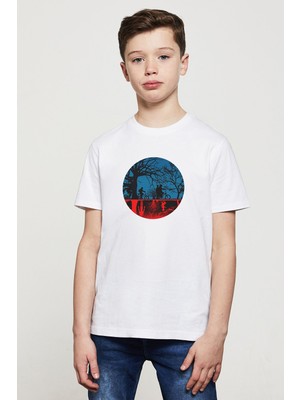 Qivi Stranger Things The Upside Down Biker Baskılı Unisex Çocuk Beyaz T-Shirt