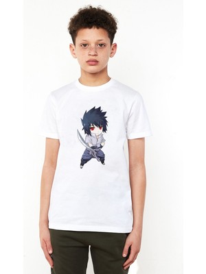 Qivi Anime Naruto Sasuke Chibi Uchiha Shippuden Baskılı Unisex Çocuk Beyaz T-Shirt
