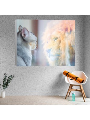 Deko Gonya Kedi Aynaya Bakar ve Kendini Bir Aslan Olarak Görür Dekoratif Kanvas Tablo