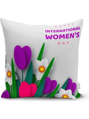 Real Homes Özel Tasarım Women' Day Çiçek Desenli Dijital Baskılı Modern Yastık Kırlent Kılıfı